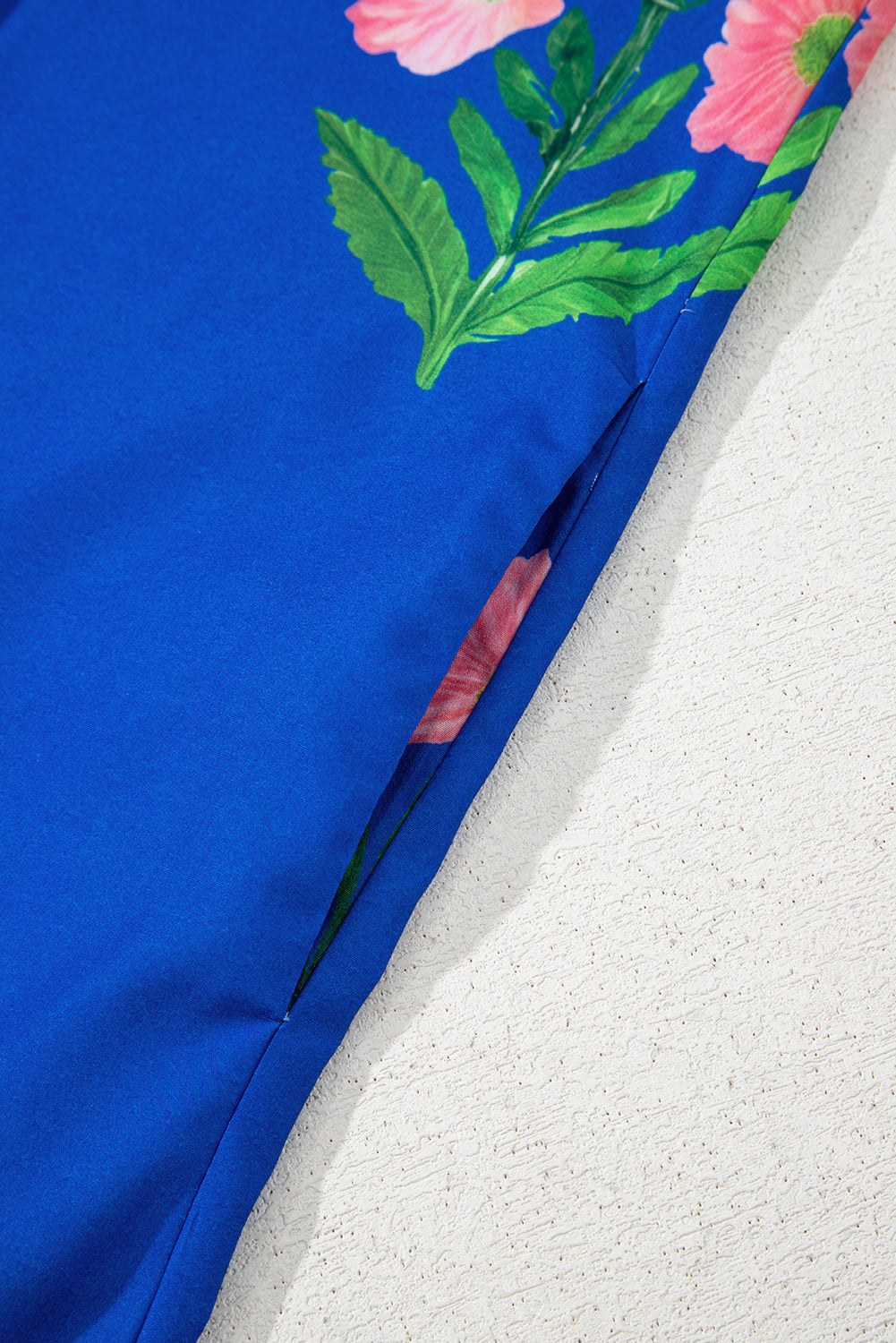 Blue Floral Short Sleeve Split Neck Loose Mini Dress