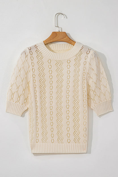 Beige Hollowed Pattern Knit Short Puff Sleeve Sweater