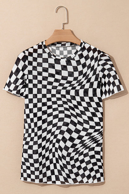 Black Checker Mesh Crew Neck T Shirt