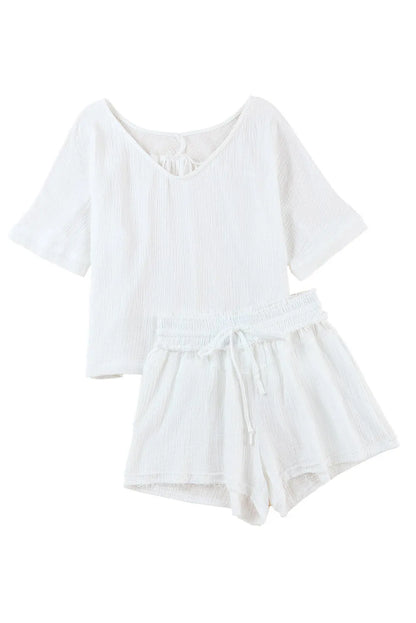 White Relaxed V Neck Blouse and Drawstring Raw Hem Shorts Set - Chic Meadow Boutique 