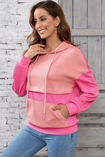 Pink Textured Color Block Kangaroo Pocket Drop Shoulder Hoodie - Chic Meadow Boutique 