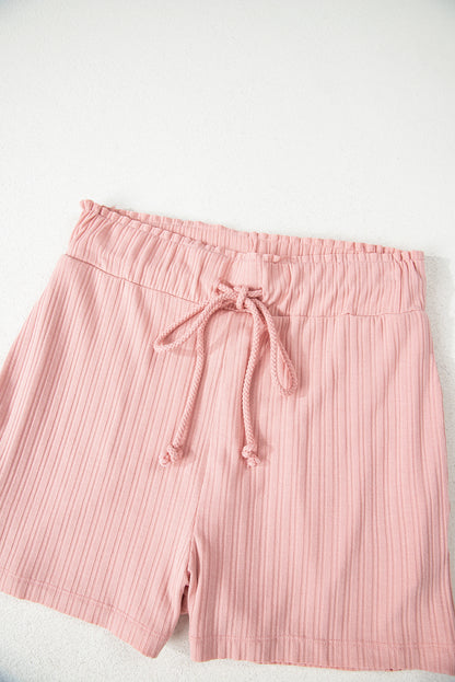 Gossamer Pink Ribbed Button V Neck Tank Top and Shorts Set