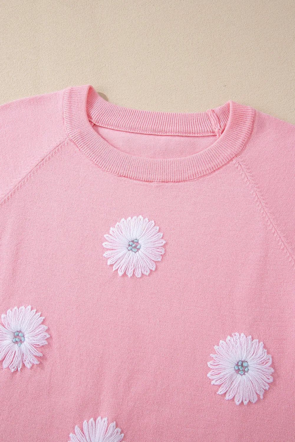 Sweaters & Cardigans/Short Sleeve Sweaters Pink Flower Pattern Short Sleeve Knitted Top