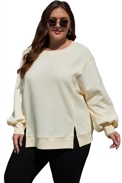 White Solid Color Waffle Knit Drop Shoulder Plus Size Sweatshirt