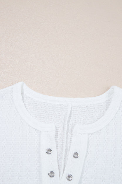 White Textured Hollow Grommet Placket Split Neck Short Sleeve Top