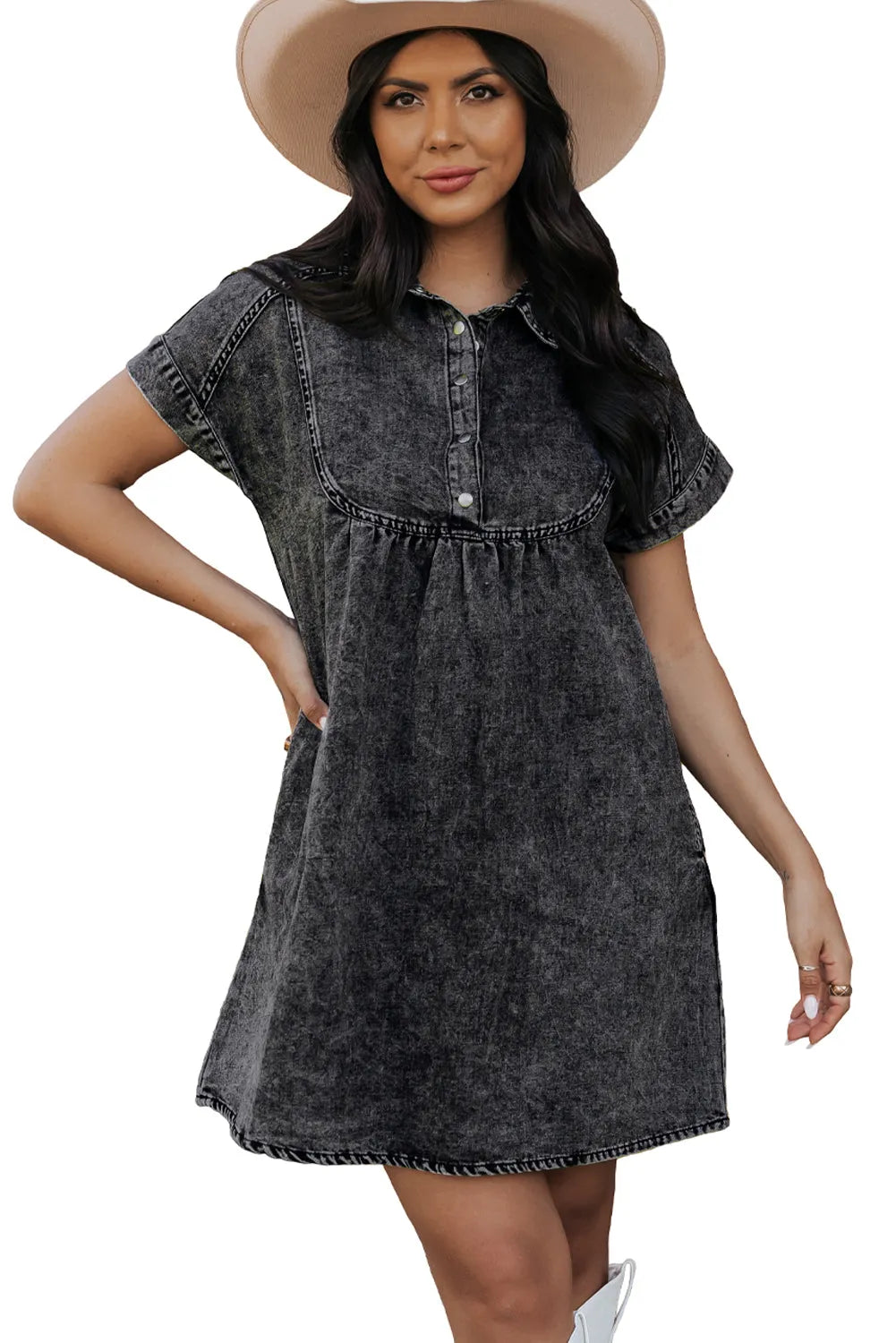 Black Acid Wash Button Front Collared Short Sleeve Denim Dress - Chic Meadow Boutique 