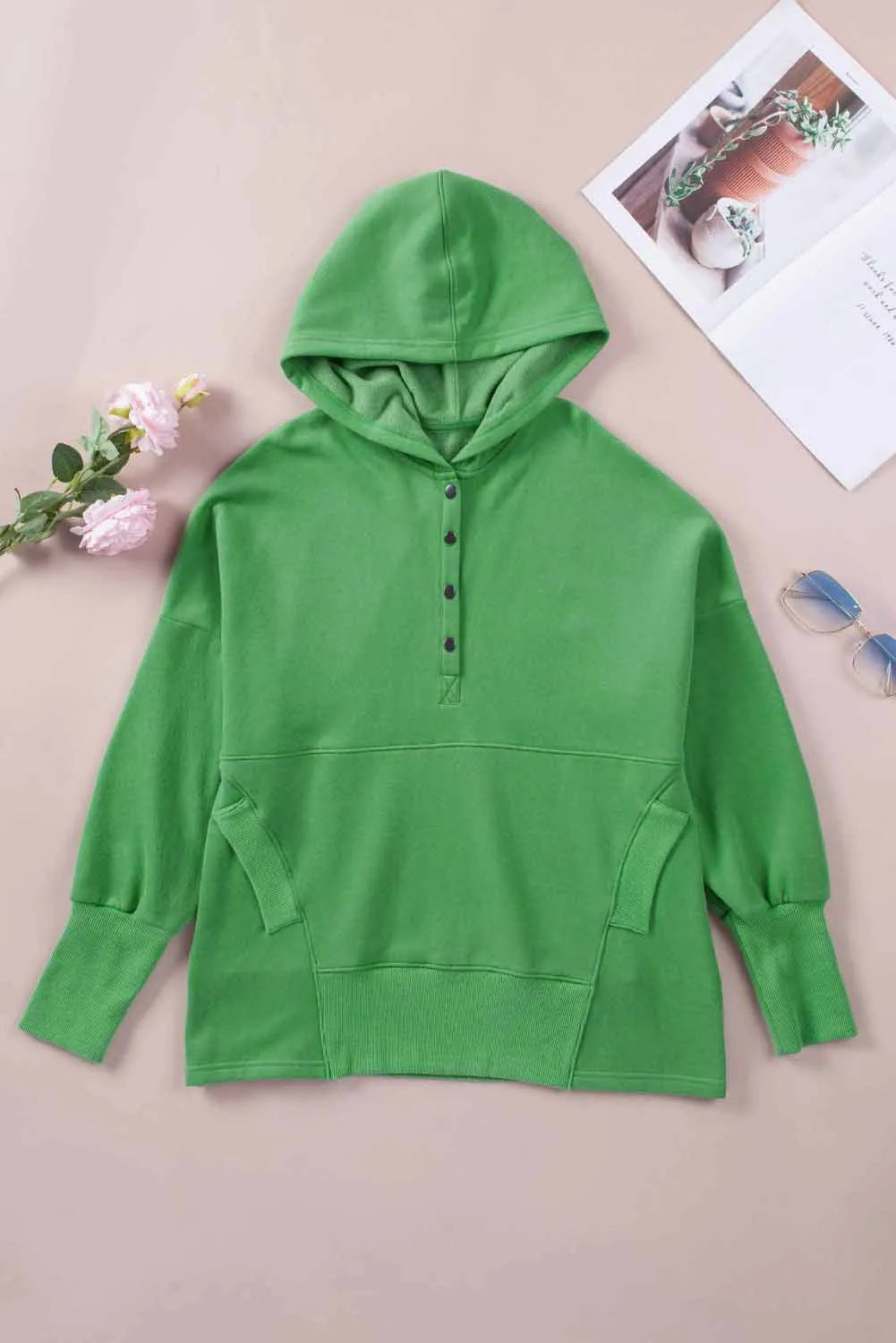 Green Batwing Sleeve Pocketed Henley Hoodie - Chic Meadow Boutique 