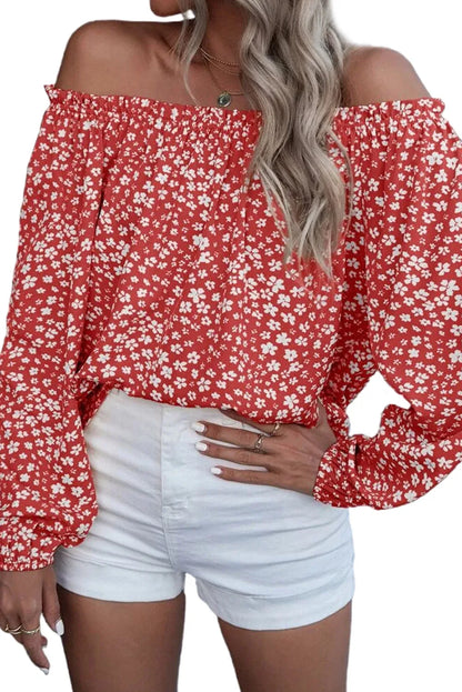 Fiery Red Floral Print Frill Trim Off-shoulder Lantern Sleeve Blouse - Chic Meadow Boutique 