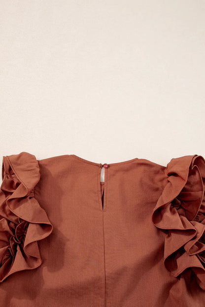 Red Sandalwood Ruffle Trim Sleeveless Blouse - Chic Meadow Boutique 