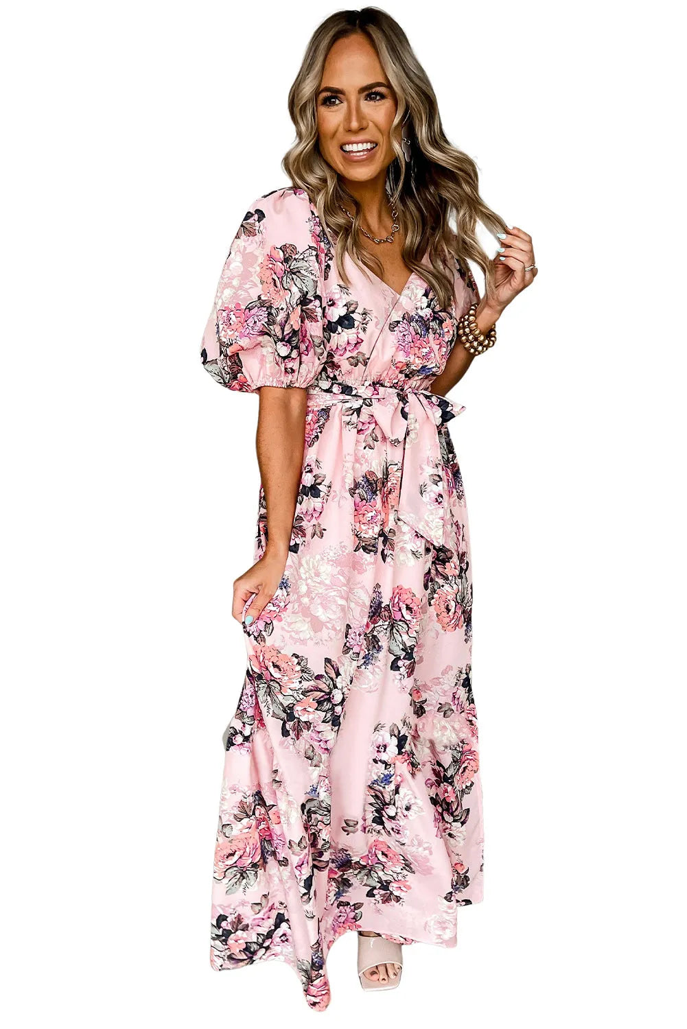 Pink Floral Puff Sleeve High Waist Maxi Dress - Chic Meadow Boutique 