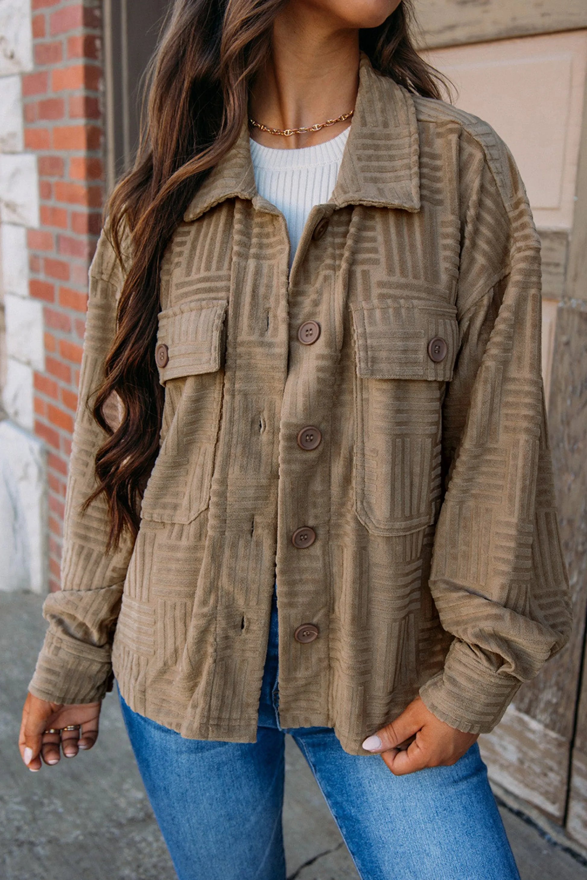 Dark Khaki Textured Chest Pocket Button-up Shacket - Chic Meadow Boutique 