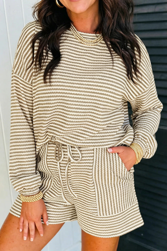 Brown Stripe Textured Knit Long Sleeve Top Elastic Waist Shorts Casual Outfit