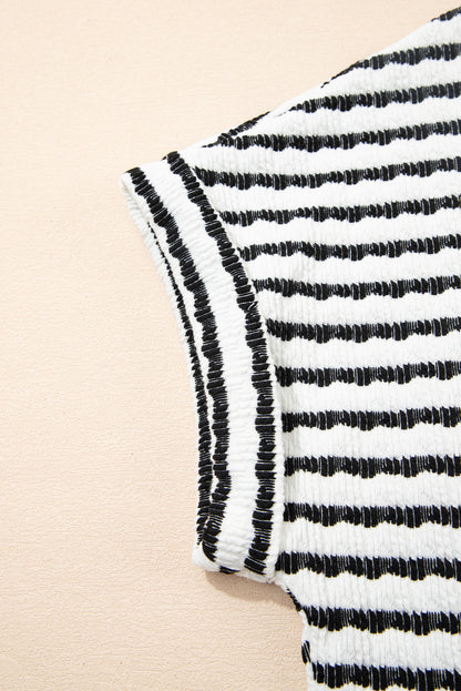 Black Stripe Knitted Short Sleeve Top and Drawstring Shorts Set