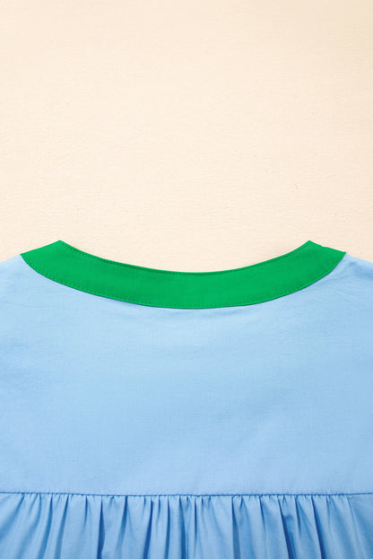 Mist Blue Contrast Notched Neck Frilly Detail Short Sleeve Blouse