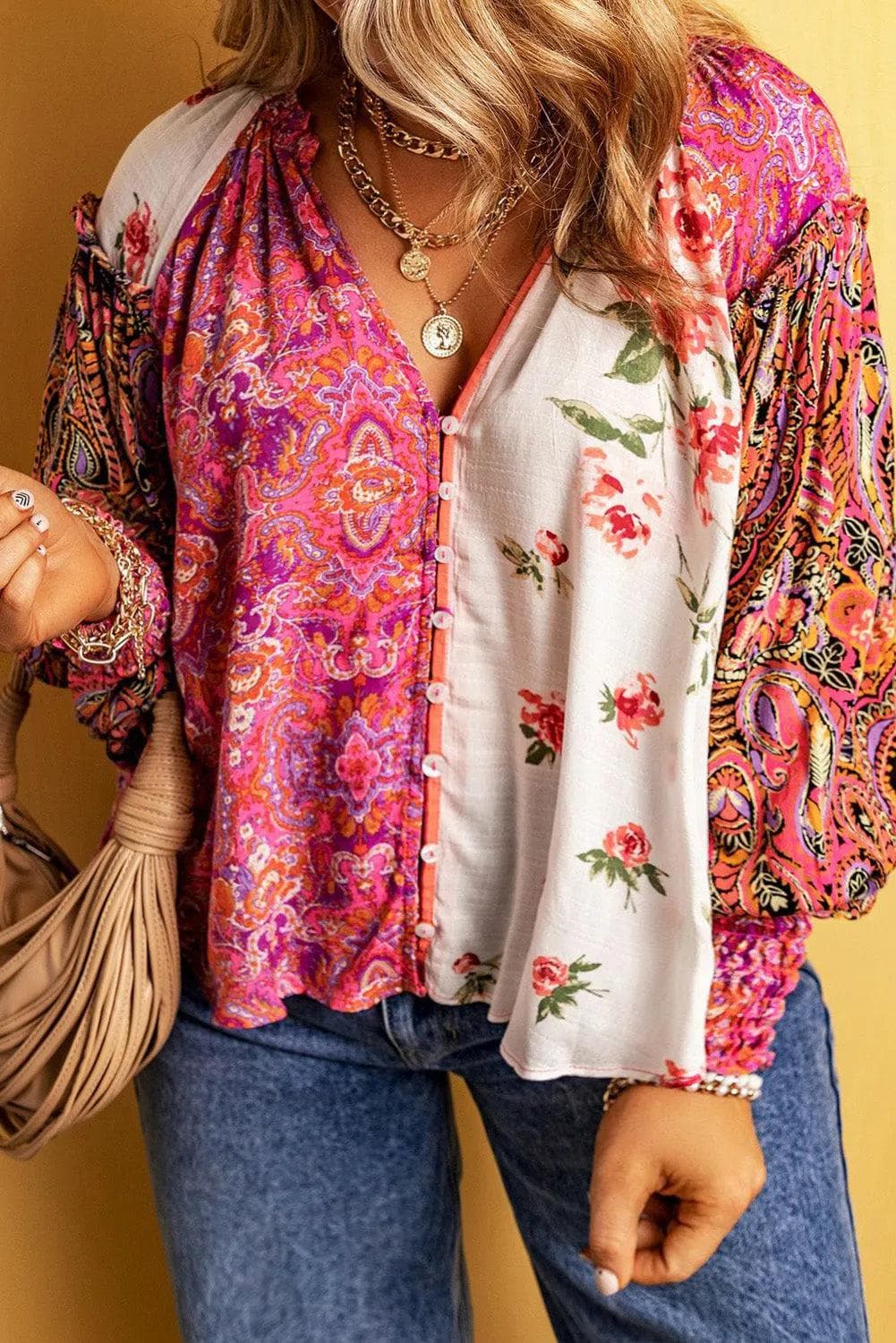 Plus Size/Plus Size Tops/Plus Size Blouses & Shirts Pink / 1X / 100%Viscose Pink Multicolor Floral Patchwork Shirred Cuffs Buttoned Blouse