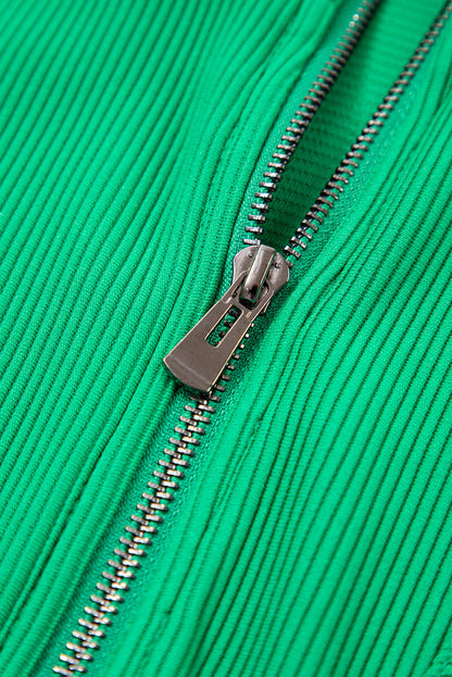 Bright Green Textured Short Sleeve Half Zip Drawstring Waist Romper