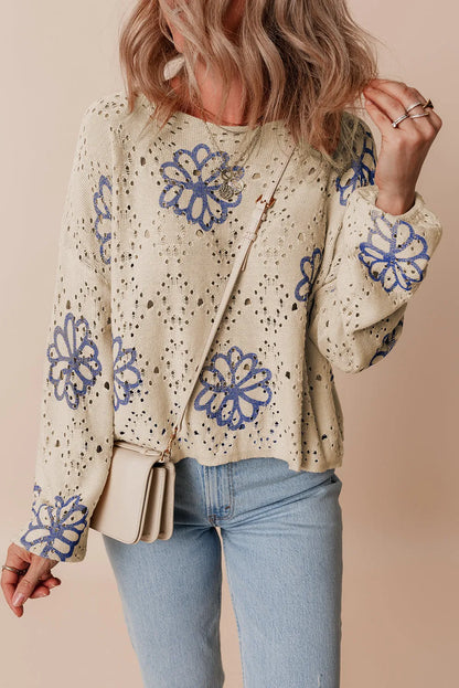 Beige Contrast Flower Print Eyelet Drop Shoulder Sweater - Chic Meadow Boutique 