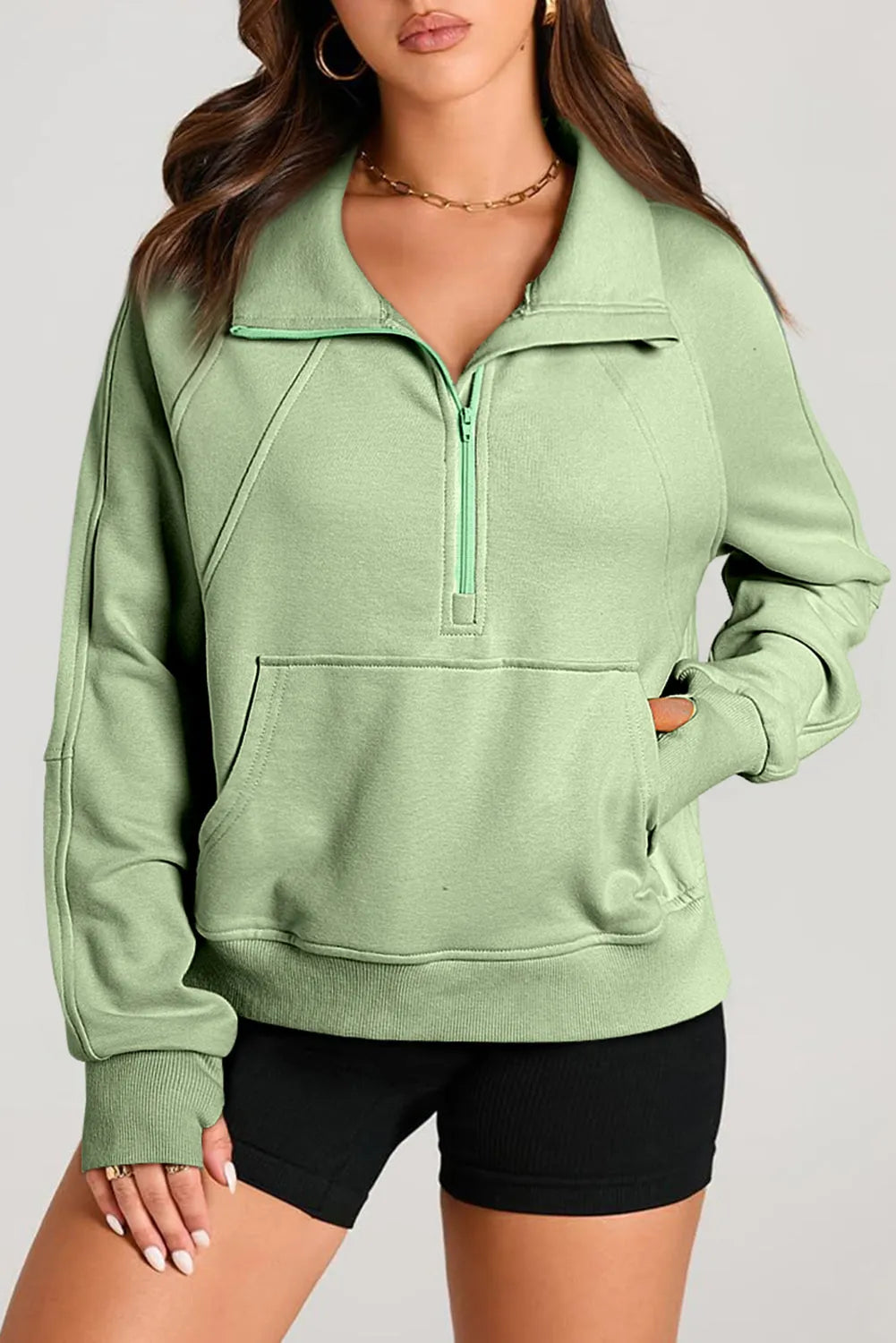 Smoke Green Quarter Zip Stand Neck Kangaroo Pocket Sweatshirt - Chic Meadow Boutique 