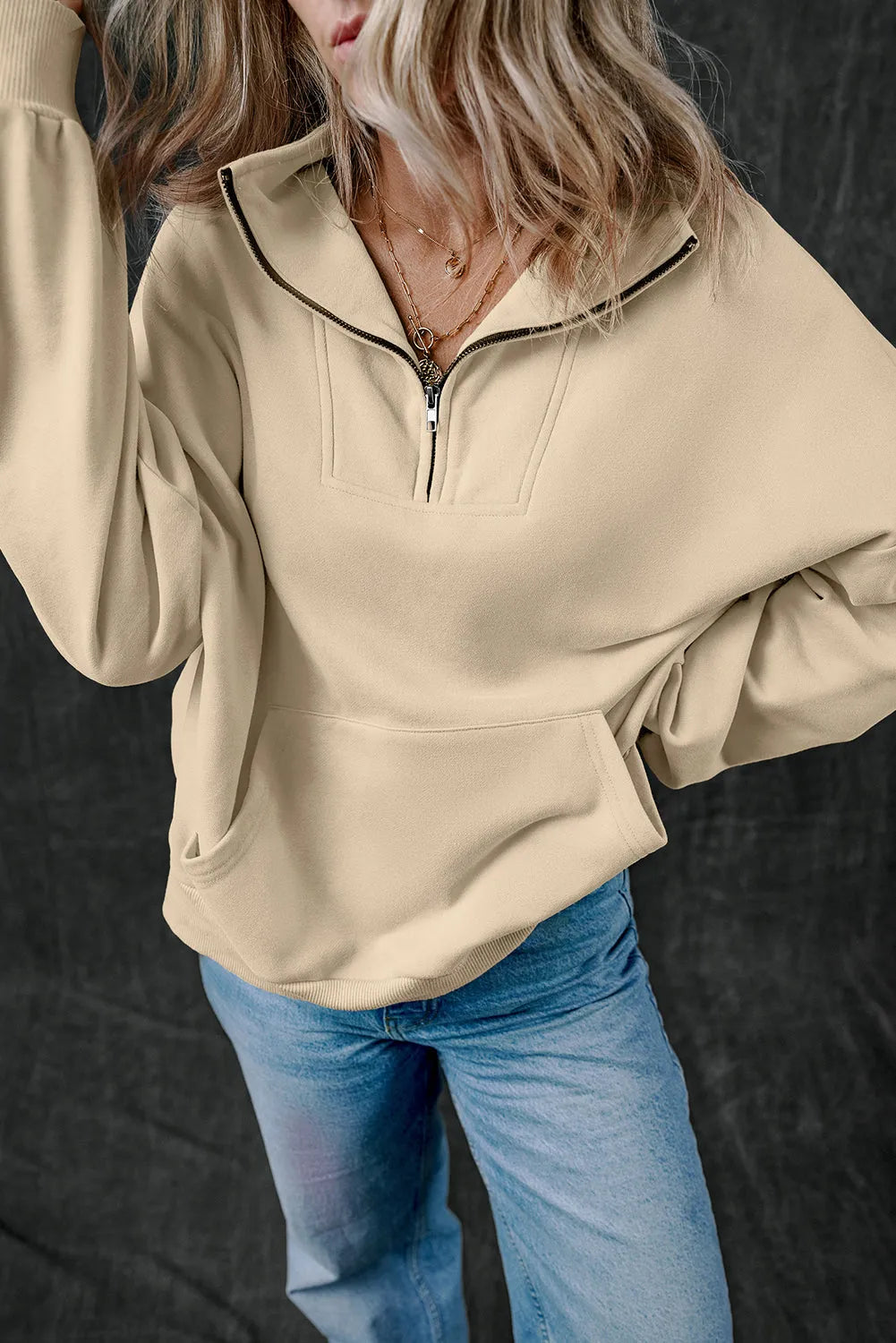 Smoke Gray Zip-up Stand Neck Kangaroo Pocket Sweatshirt - Chic Meadow Boutique 