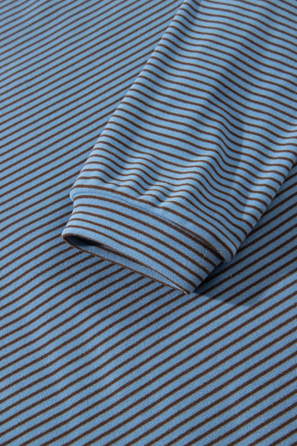 Blue Stripe Contrast Trim Round Neck Oversize Long Sleeve Top 2pcs Pant Set
