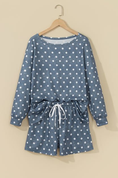 Gray Polka Dot Long Sleeve Top Drawstring Shorts Loose 2pcs Set