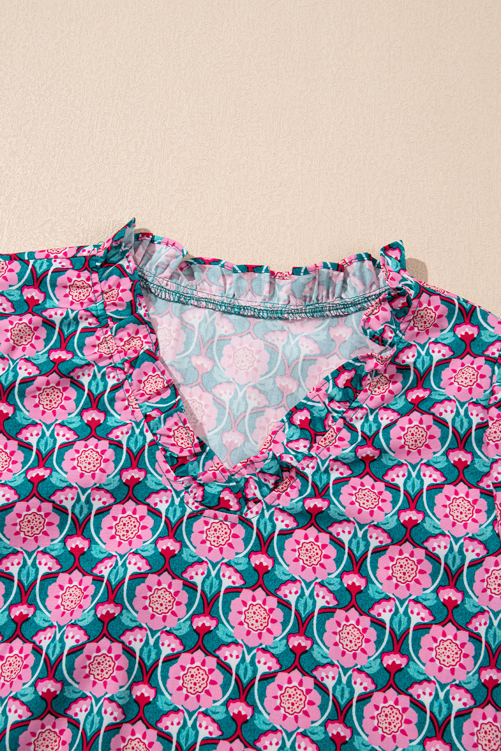 Sachet Pink V-Neck Ruffle Abstract Floral Print Puff Sleeve Top