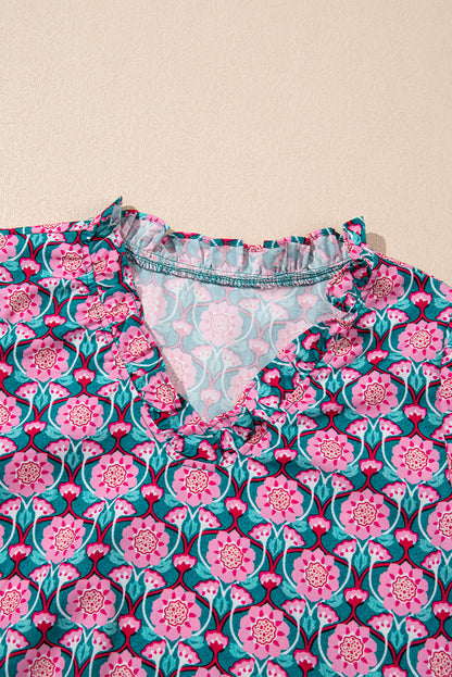 Sachet Pink V-Neck Ruffle Abstract Floral Print Puff Sleeve Top