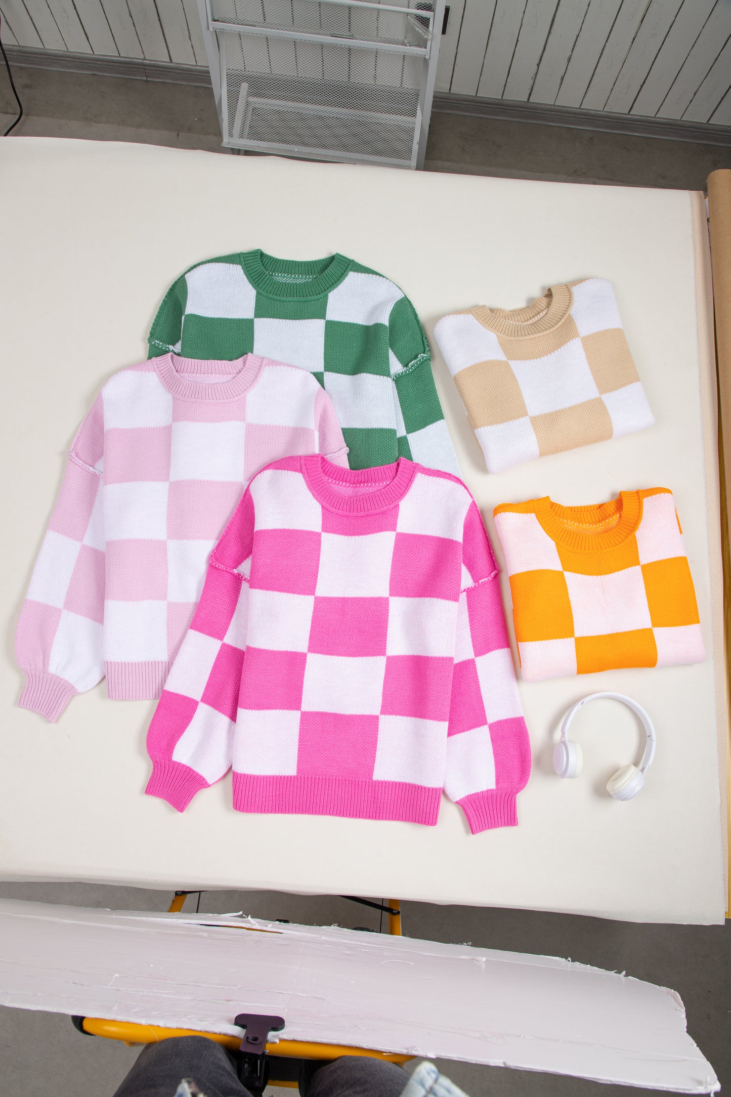 Rose Stripe Checkered Bishop Sleeve Sweater