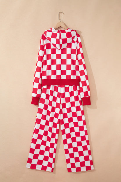 Red Checkered Print Half Zip Hoodie Loose Pant Set