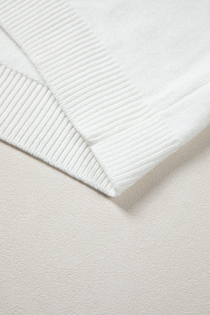 White Corded Horseshoes Ribbed Trim Mock Neck Short Sleeve Sweater