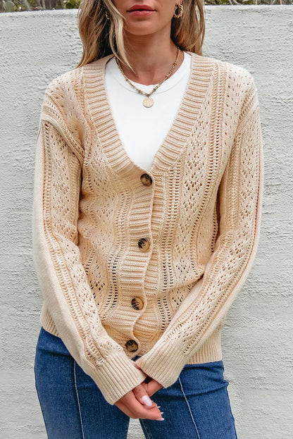 Beige Open Knit Drop Shoulder Sweater Cardigan - Chic Meadow Boutique 