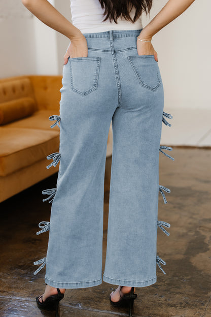 Beau Blue Bow Knot Side Detail Straight Leg Loose Jeans