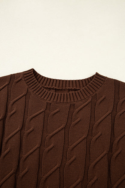 Dark Brown Cable Texture Crew Neck Short Sleeve Sweater Top