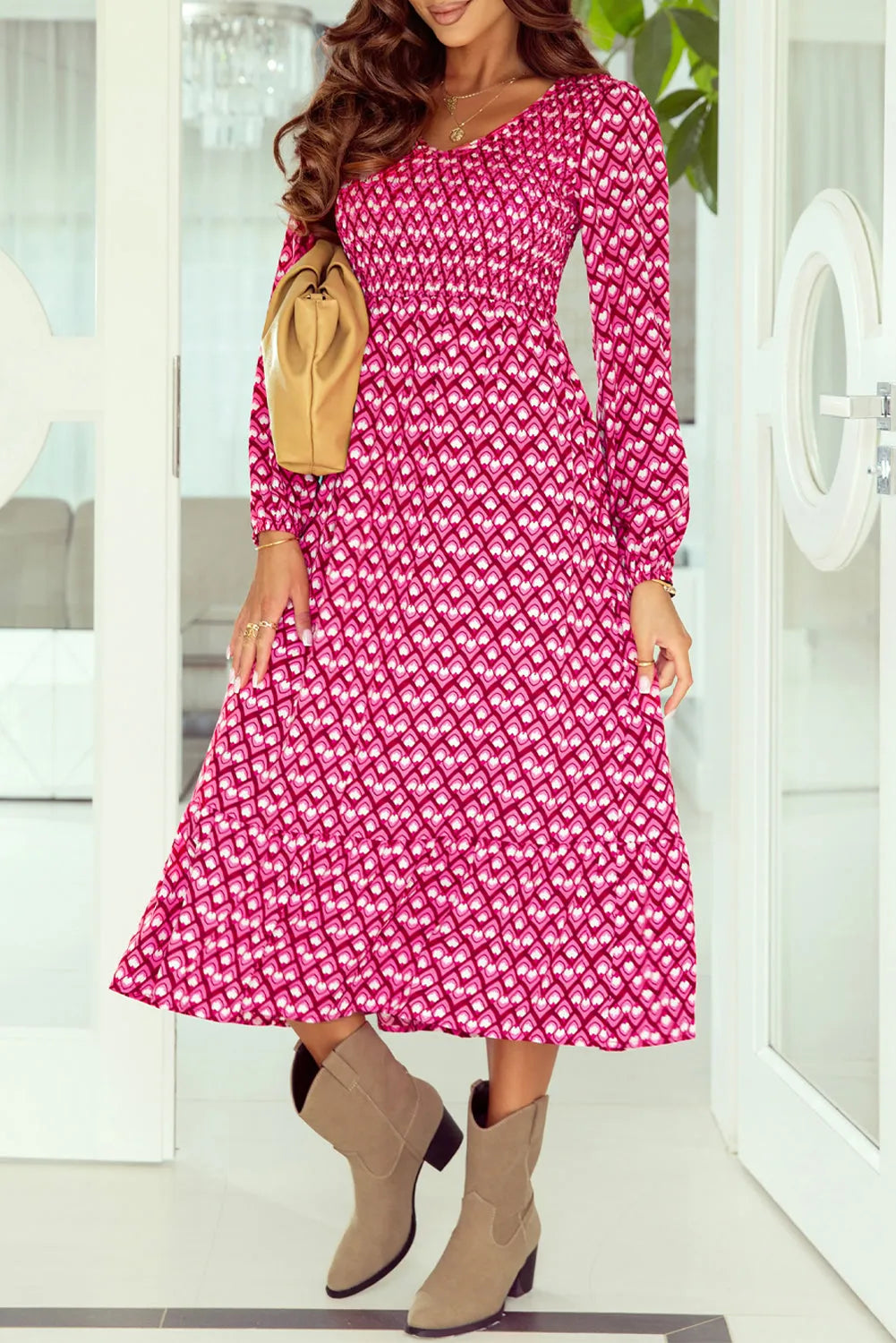 Geometric Print Shirred V Neck High Waist Long Dress - Chic Meadow Boutique 