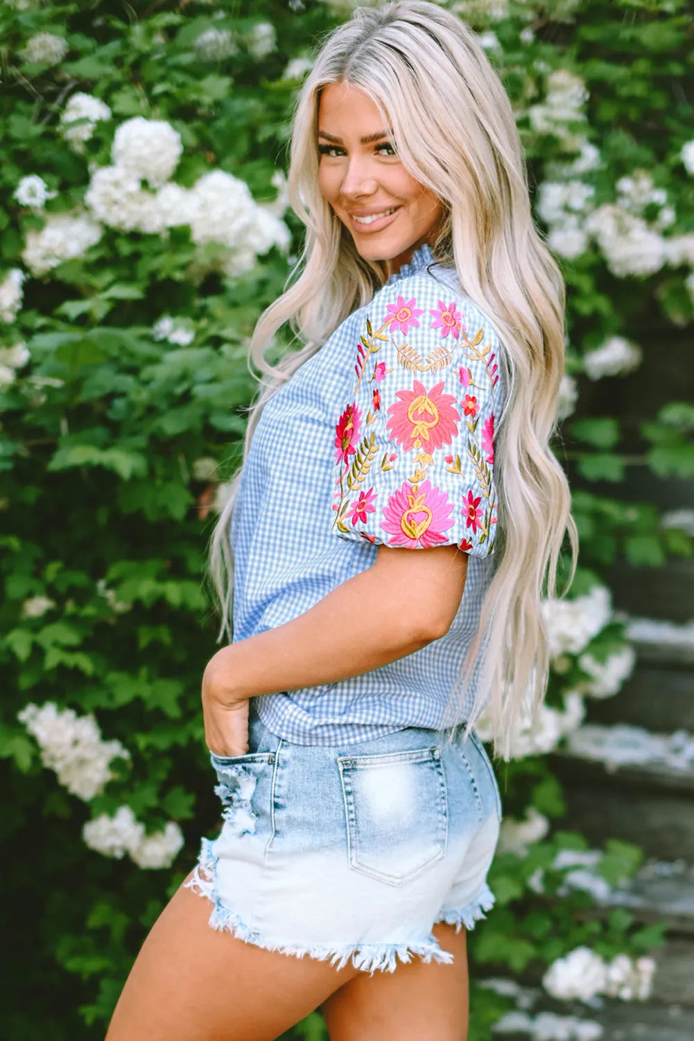 Light Blue Gingham Floral Embroidered Puff Sleeve Blouse - Chic Meadow Boutique 