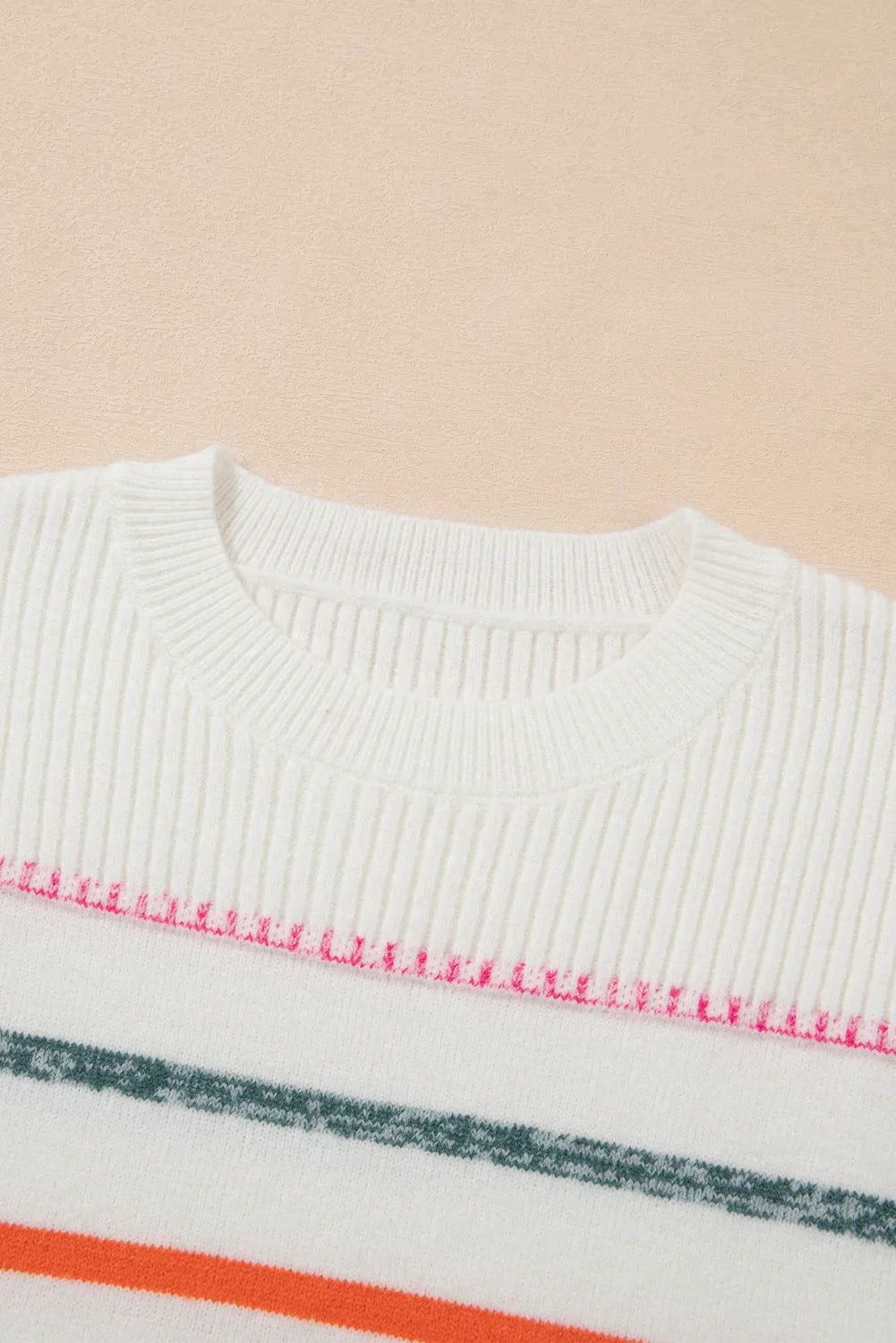 White Colorful Striped Ribbed Trim Sweater - Chic Meadow Boutique 