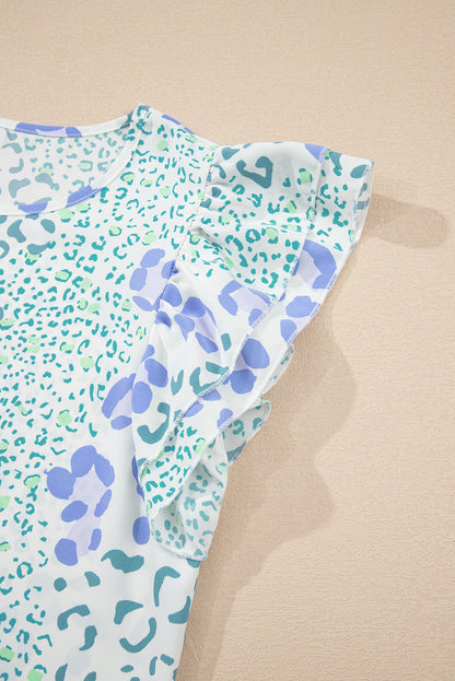Sky Blue Leopard Layered Ruffle Short Sleeve Casual Blouse