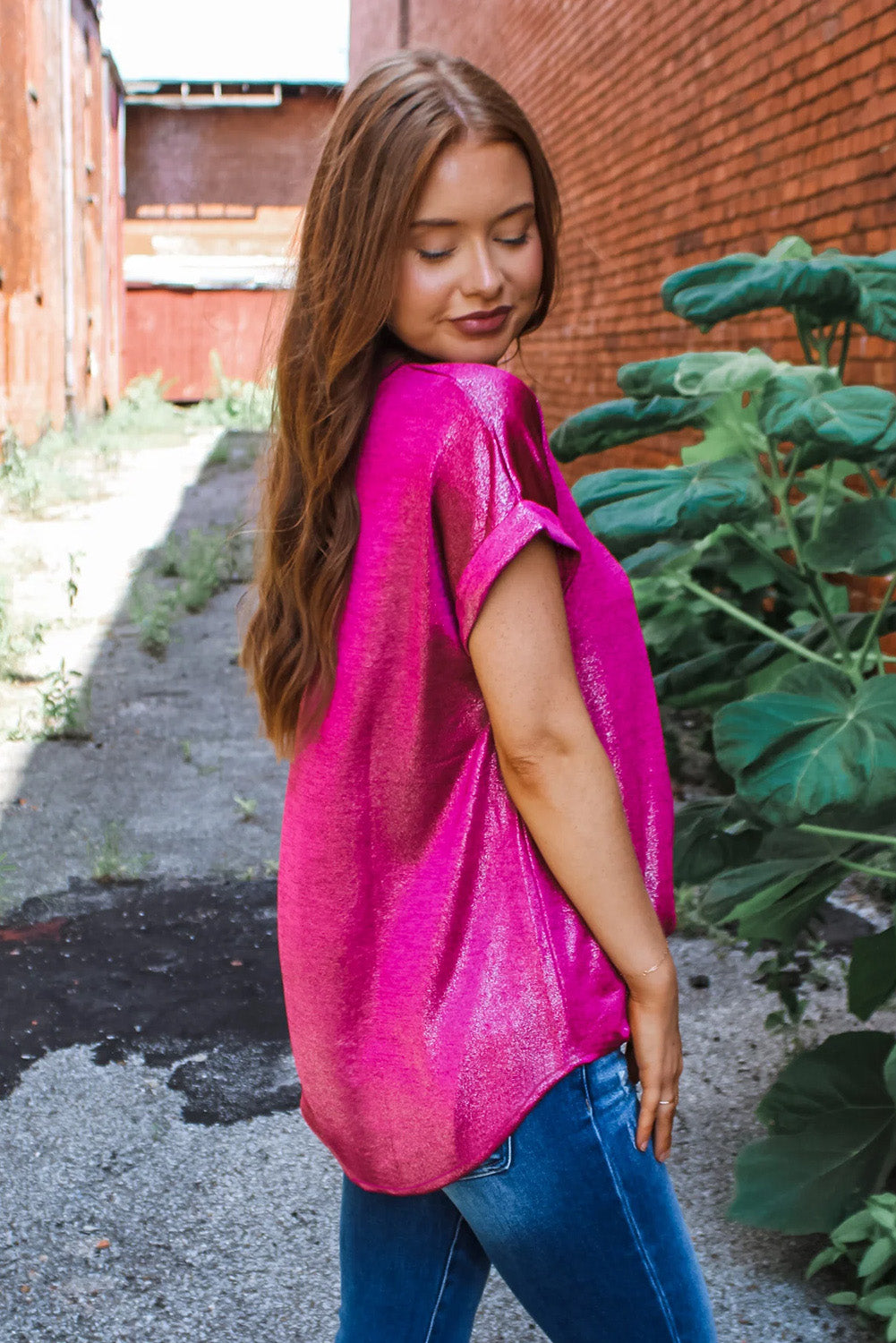 Festival Fuchsia Shine Shimmer Cuffed Short Sleeve Casual Top