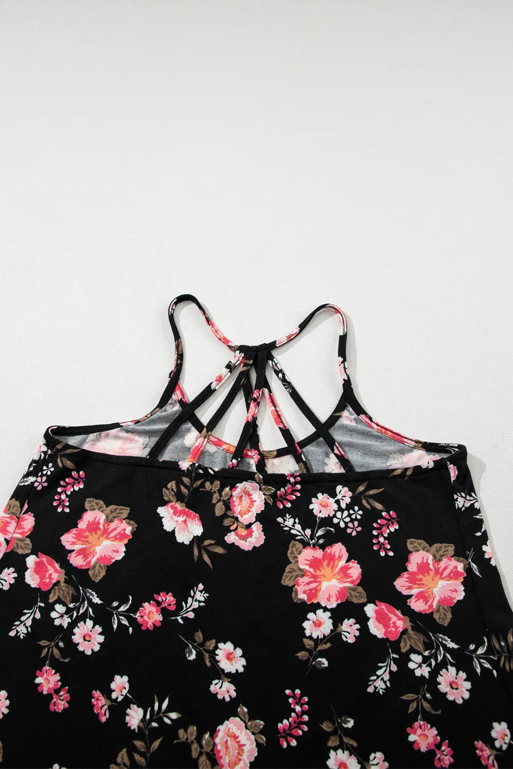 Black Floral Spaghetti Straps Strappy Back Tank Top - Chic Meadow Boutique 