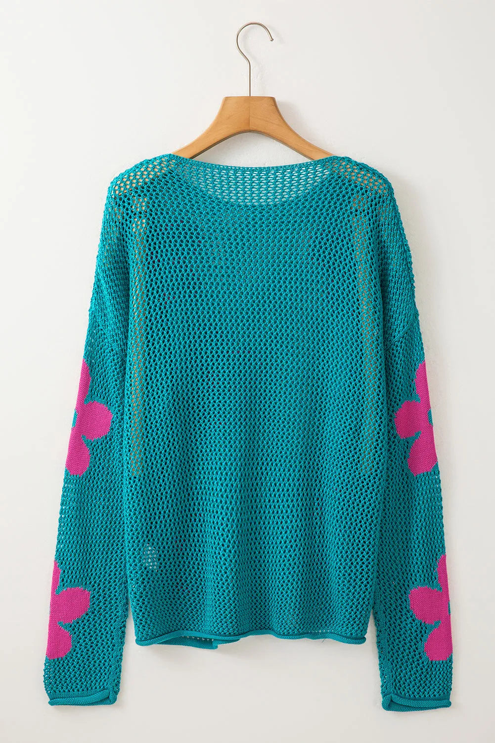 Sea Green Big Flower Hollowed Knit Drop Shoulder Sweater - Chic Meadow Boutique 