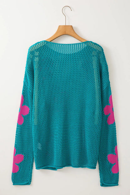 Sea Green Big Flower Hollowed Knit Drop Shoulder Sweater - Chic Meadow Boutique 