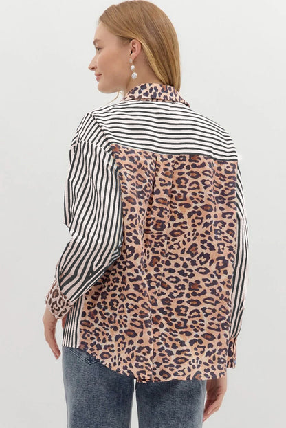 Black Striped Leopard Print Patchwork Button Up Womens Shirt