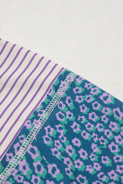 Purple Stripe Floral Color Block Raw Edge Patchwork Bracelet Sleeve Blouse