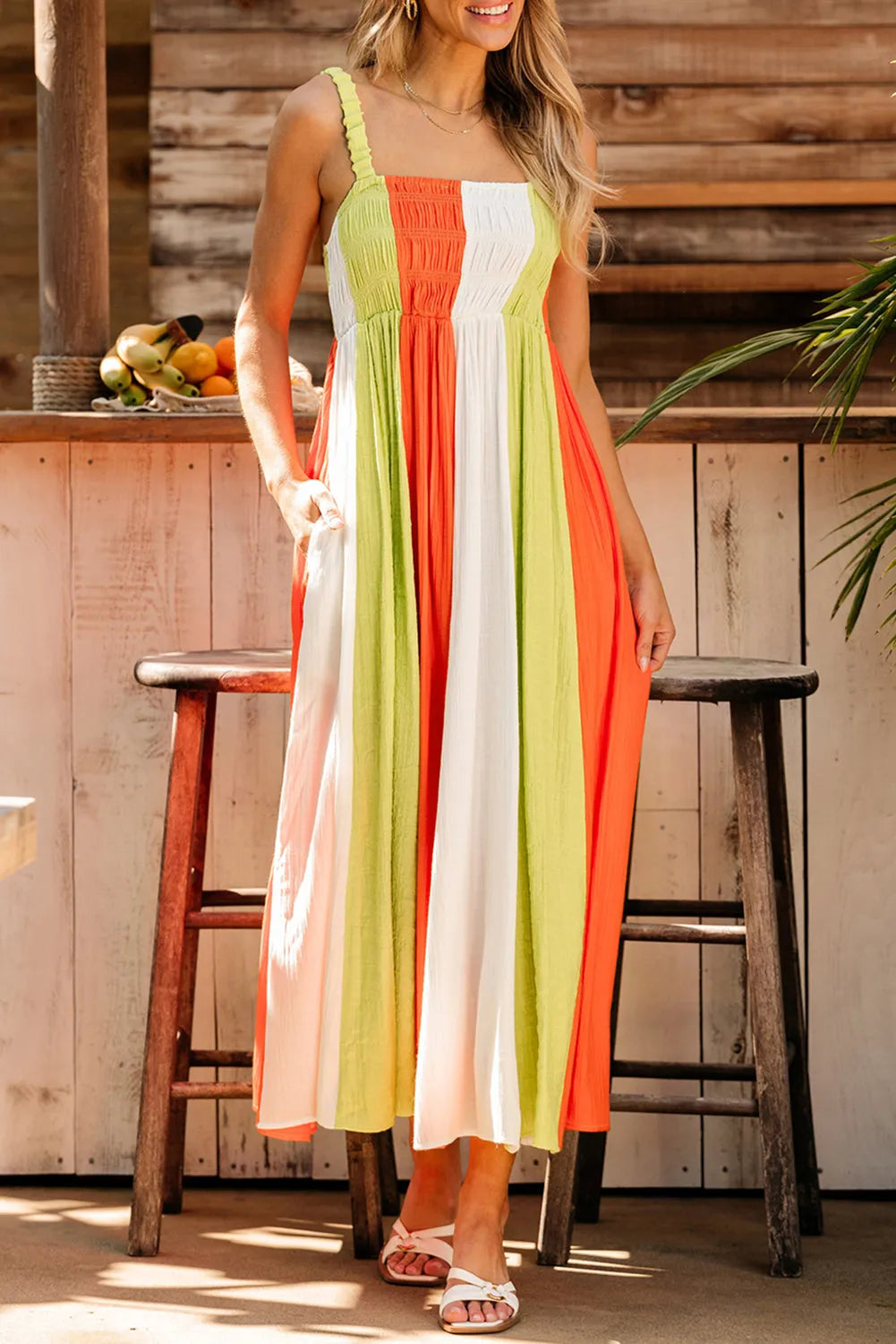 Green Color Block Shirred High Waist Fit and Flare Maxi Dress - Chic Meadow Boutique 