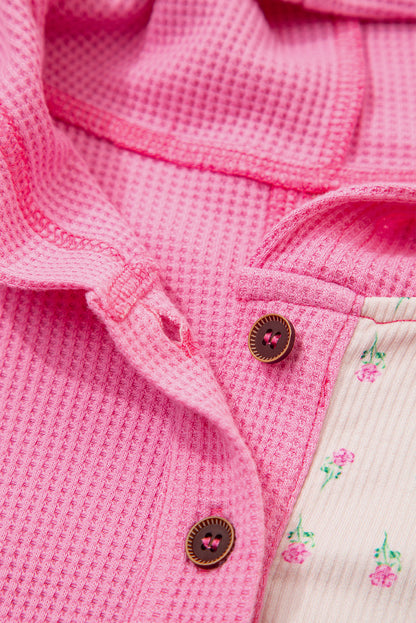 Pink Mixed Texture Waffle Floral Patchwork Hooded Oversize Pullover