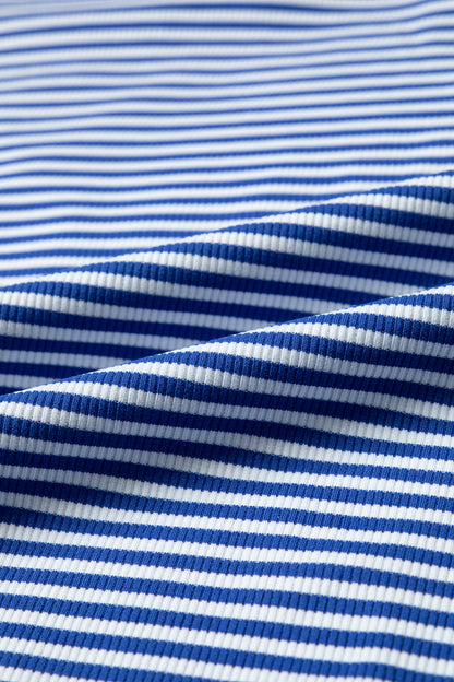 Blue Stripe Oversized Long Sleeve Top Drawstring Loose Shorts 2pcs Set
