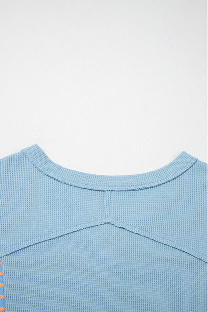 Dusk Blue Exposed Seam Waffle Striped Patchwork Baggy Pullover