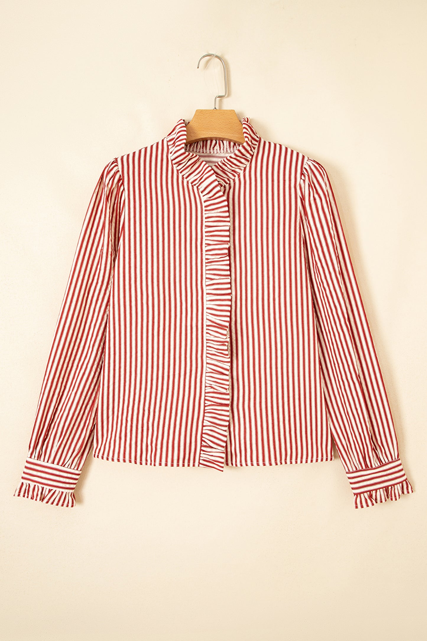 Red Stripe Textured Ruffle Trim Button-Up Long Sleeve Shirt
