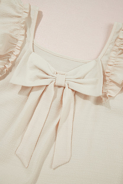 Beige Textured Bow Knot Frilled Butterfly Sleeve Blouse