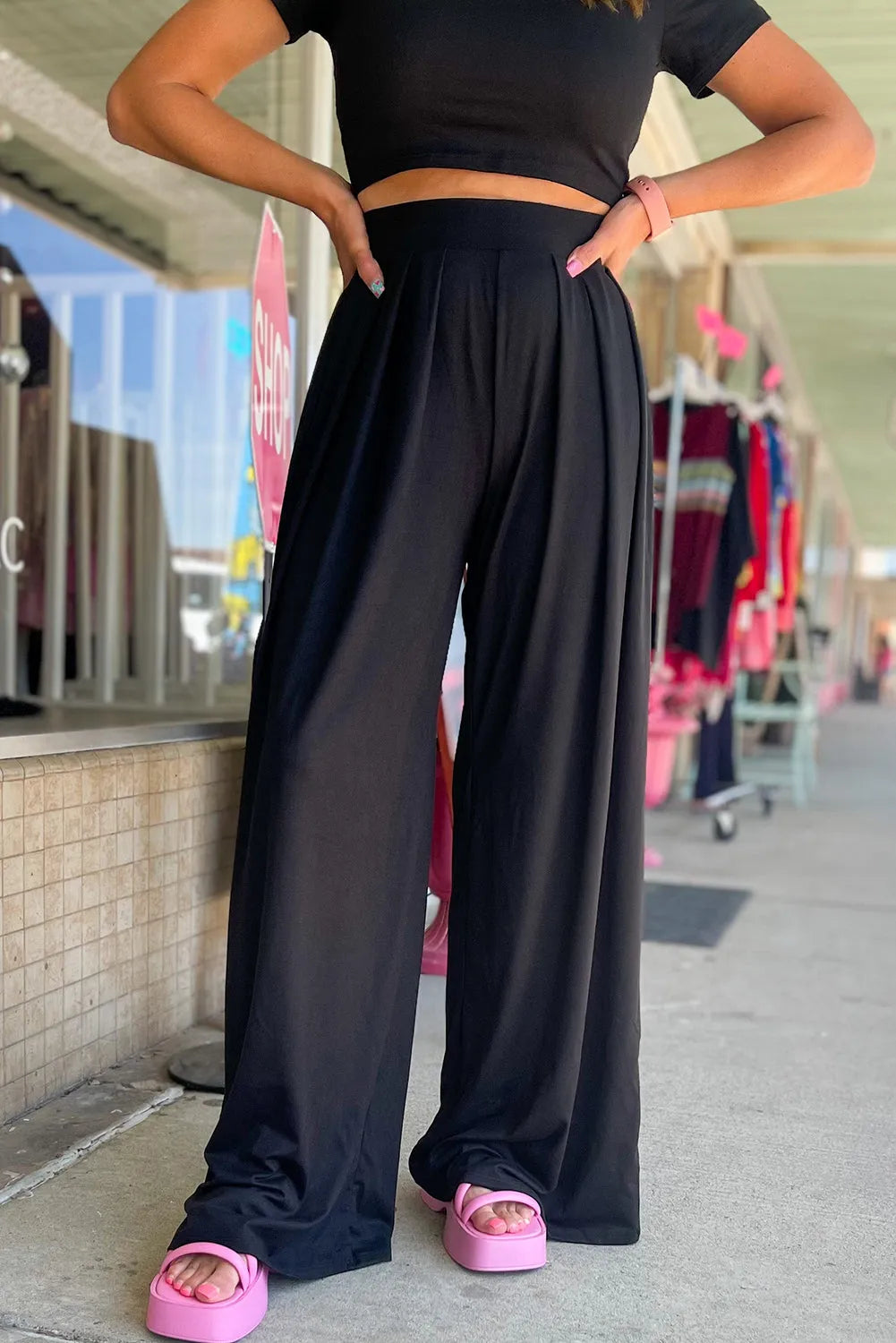 Black Slim Fit Crop Top and Pleated Wide Leg Pants Set - Chic Meadow Boutique 